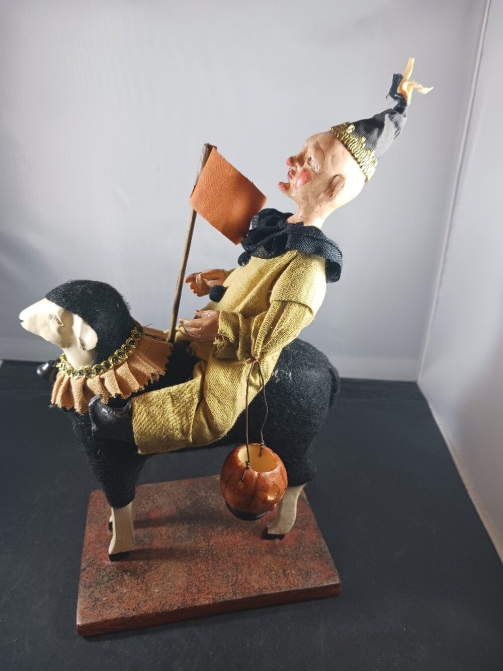 Bethany Lowe Halloween Jester Clown on Sheep w/ Trick Treat Flag Jack o Lantern